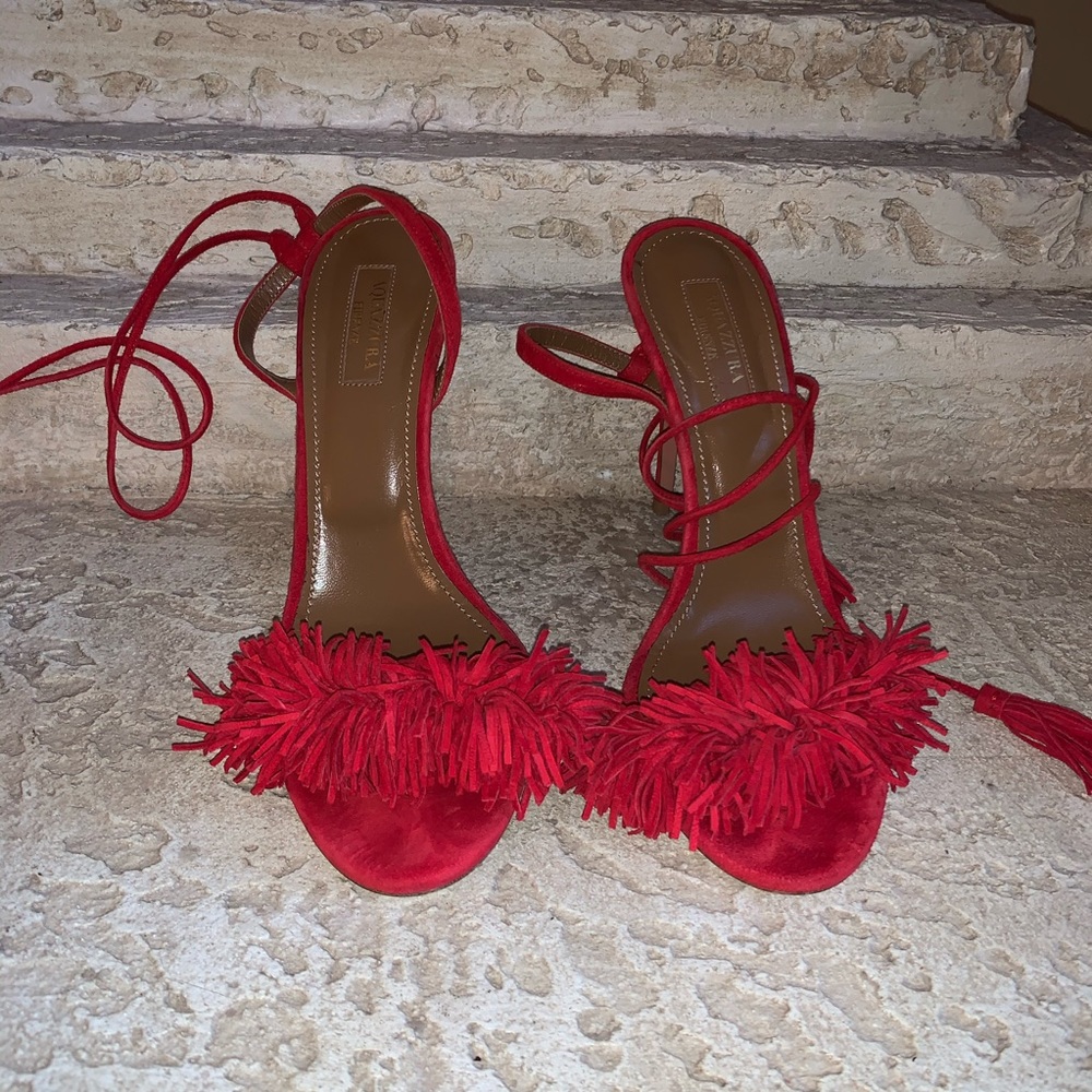 Aquazurra Red Fringed Suede Wild Thing Sandal